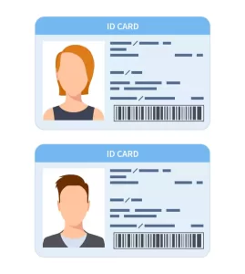 Illustration of two ID cards with faceless portraits, personal details, and barcodes. One card shows a person with short red hair, and the other shows a person with short brown hair.