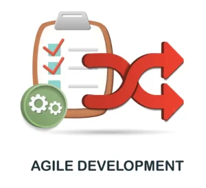 Illustration of a clipboard with checkmarks, crossed arrows, and gears, symbolizing Agile Development.