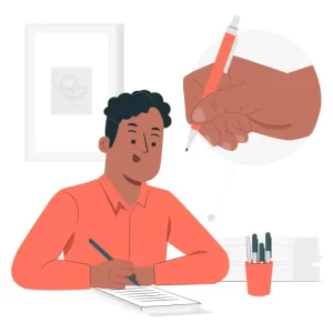 Person in an orange shirt writing with a pen at a desk. A close-up of a hand holding a pen is shown in a bubble above. There’s a cup with pens and a framed picture on the wall.