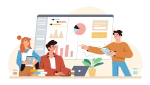 Illustration of three people in a meeting. One person is presenting data on a screen; others are taking notes with laptops and books on the table.