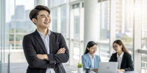 A man in a suit stands with arms folded and smiles in an office, while two women work at a laptop in the background.