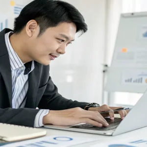 Writing for Results - Results-Oriented Writing for Busy Working Professionals 137 A man in a business suit works on a laptop at a desk with documents, notebooks, and charts. A flip chart with graphs is visible in the background.