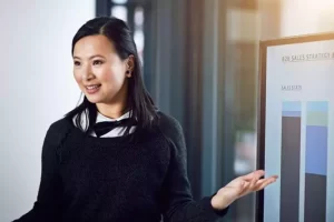 Person presenting data on a screen displaying bar graphs labeled "B2B Sales Strategy" in an office setting.