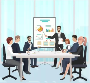 A man presents data on charts to a group of six people seated around a conference table in a modern office setting.