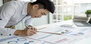 Man closely analysing charts and graphs on documents spread across a desk, holding a pen and clipboard, with a laptop and calculator nearby.