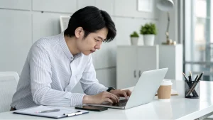 A person sits at a desk typing on a laptop, with a notebook, mobile phone, coffee cup, and stationery on the desk in a modern office setting.