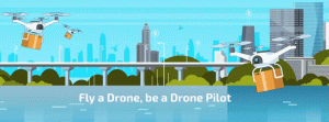 Animated scene of drones delivering packages above a river, with a city skyline in the background and the text "Fly a Drone, be a Drone Pilot.
