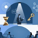 A person speaks on stage under a spotlight, surrounded by icons like a key, hourglass, chat bubble, and trophy; an audience listens attentively with laptops in the foreground.