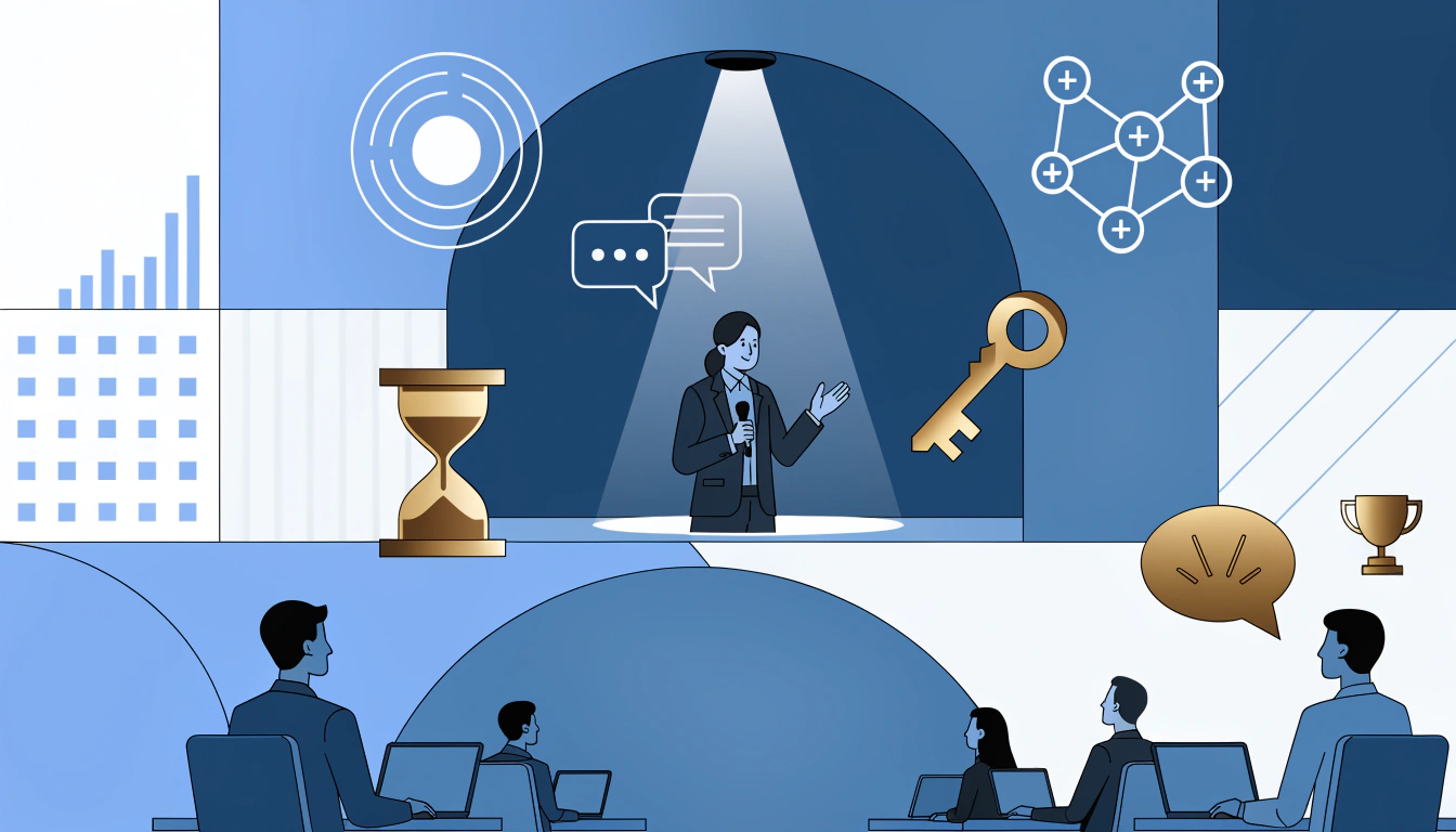 A person speaks on stage under a spotlight, surrounded by icons like a key, hourglass, chat bubble, and trophy; an audience listens attentively with laptops in the foreground.