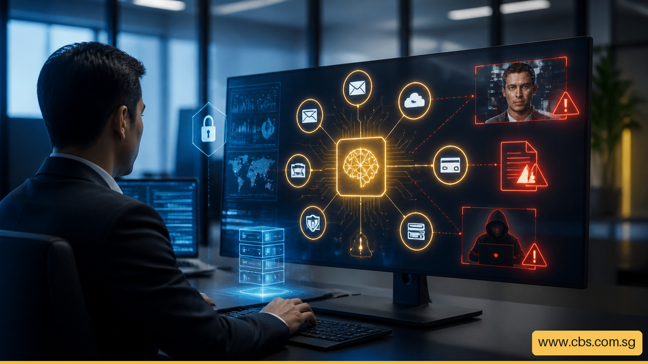 AI assistant connected to business systems with visual warnings for data leaks, deepfakes, and unauthorized actions.