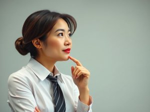 A woman in a white shirt and striped tie looks to the side thoughtfully, with her chin resting on her finger against a plain background.