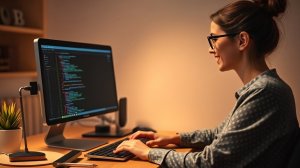 A woman wearing glasses types code on a desktop computer in a warmly lit office, with a mobile phone and small plant on the desk.