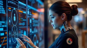 A woman with a futuristic neck device interacts with a large transparent digital touchscreen displaying data and charts.