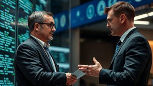 Two men in business suits have a serious discussion in an office with digital data screens in the background, one holding a document.