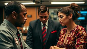 Three professionals in business attire are gathered around a table in a modern office, engaged in a serious conversation.
