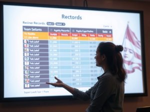 A woman points at a large screen displaying a table of team records and statistics; a blurred flag and face are visible in the background.