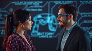 A woman and a man with circuit-like face paint stand facing each other in front of a screen displaying technical diagrams and text.