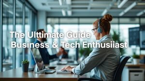 Person with headphones working on a laptop in a modern office, with “The Ultimate Guide Business & Tech Enthusiast” text overlaid on the image.