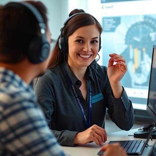Two customer service representatives wearing headsets sit at desks with computer monitors, one smiling and looking at the camera, in an office environment with charts displayed on a screen.