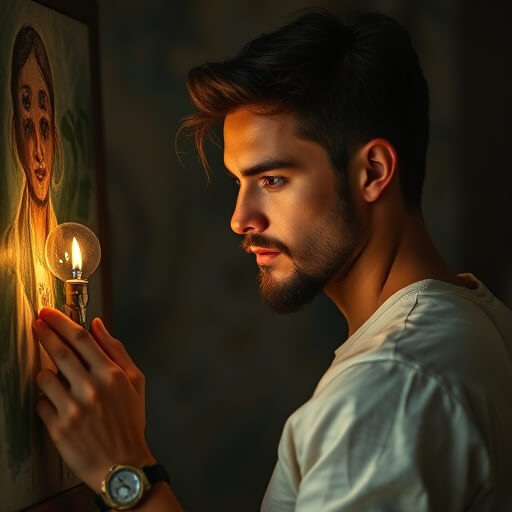 A man in a white shirt examines a lit lightbulb near a painting of a woman’s face in a dimly lit room.