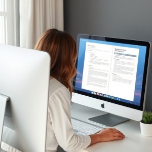 A person with long brown hair sits at a desk, working on a desktop computer displaying two documents side by side in a bright, modern office space.
