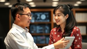A man in glasses holds a tablet while talking to a smiling woman in a red blouse with white patterns, seated indoors with shelves in the background.