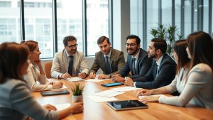 Eight professionals in business attire sit around a conference table in a modern office, engaged in discussion with documents and digital tablets present.