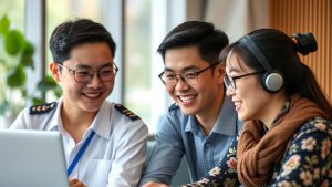 Three young adults sit together at a table, smiling and looking at a laptop. One wears a pilot uniform, another has glasses, and the third wears headphones and a scarf.