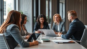 Five business professionals sit round a conference table with laptops and documents, engaged in a meeting in a modern office setting.