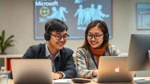 Two people wearing headphones work on laptops at a table, smiling, with a presentation screen displaying Microsoft-related content in the background.