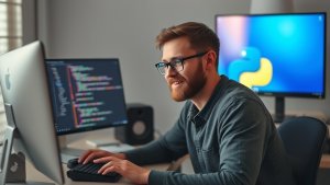 A man with glasses works at a computer with code on one monitor and a screen displaying the Python logo in an office setting.