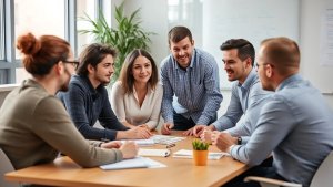Five people sit around a conference table in an office, discussing documents and smiling, with a whiteboard and plant in the background.
