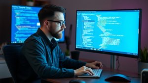 A man with glasses is working at a desk with dual monitors displaying code in a modern office setting.