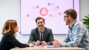 Three people sit at a table in a meeting room, discussing paperwork. A flowchart with connected nodes is displayed on a screen in the background.