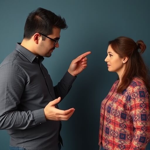 airbrush-image (2) A man gestures with his hand whilst talking to a woman who listens attentively; both stand against a plain blue background.