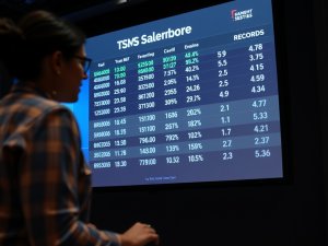 A person stands in front of a large screen displaying a table of sales data, including totals, targets, and percentages recorded by week.