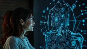 A woman looks at a digital display showing a detailed, blue-tinted schematic diagram of a humanoid robot on a dark background.