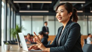 A woman in business attire sits at a desk with a laptop, smiling and raising her index finger, in a modern office with colleagues in the background.