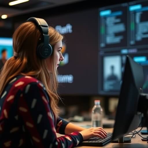 A woman wearing headphones sits at a desk working on a computer with multiple monitors displaying data in a modern office setting.