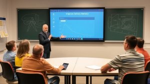 A man presents a graph about memory improvement on a large screen to five seated adults in a classroom, with charts and diagrams on blackboards.