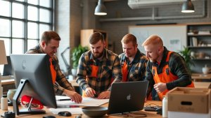 Four men in matching checked shirts and orange aprons review documents together at a large desk in a modern office workspace.
