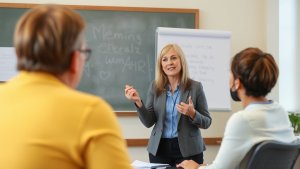 A woman in business attire speaks to two people seated at a table in a classroom, with a blackboard and flip chart in the background.