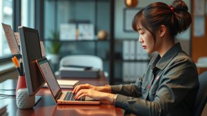 A person with their hair in a bun working on a laptop at an office desk.