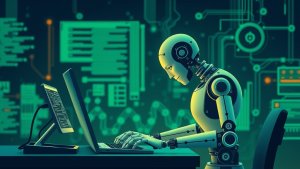 A humanoid robot sits at a desk typing on a laptop, with digital code and circuit graphics in the background, illustrating artificial intelligence and technology concepts.