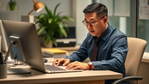 A man in a buttoned-down shirt and tie working at a desk on a laptop.