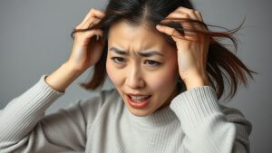 A woman with a distressed expression pulls at her hair with both hands.