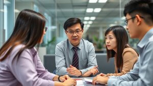 Four people in business attire sit at a table in an office, engaged in a serious discussion, with documents and a notebook in front of them.