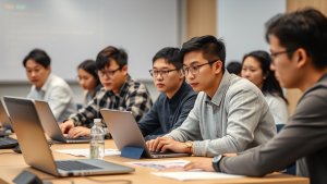 A group of young adults sit at a conference table using laptops, appearing focused and engaged in a collaborative work or study session indoors.