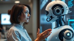 A woman in a spotted blouse stands closely facing a humanoid robot in a modern indoor setting, both appearing to engage with each other.