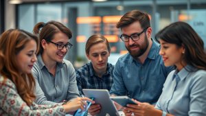 Five people sit round a table indoors, using tablets and smartphones, engaged in a collaborative discussion.